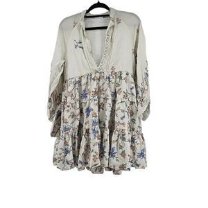 Hermoza Louisa Tunic Mini Dress Boho Linen Floral Cottage Tiered Size Small
